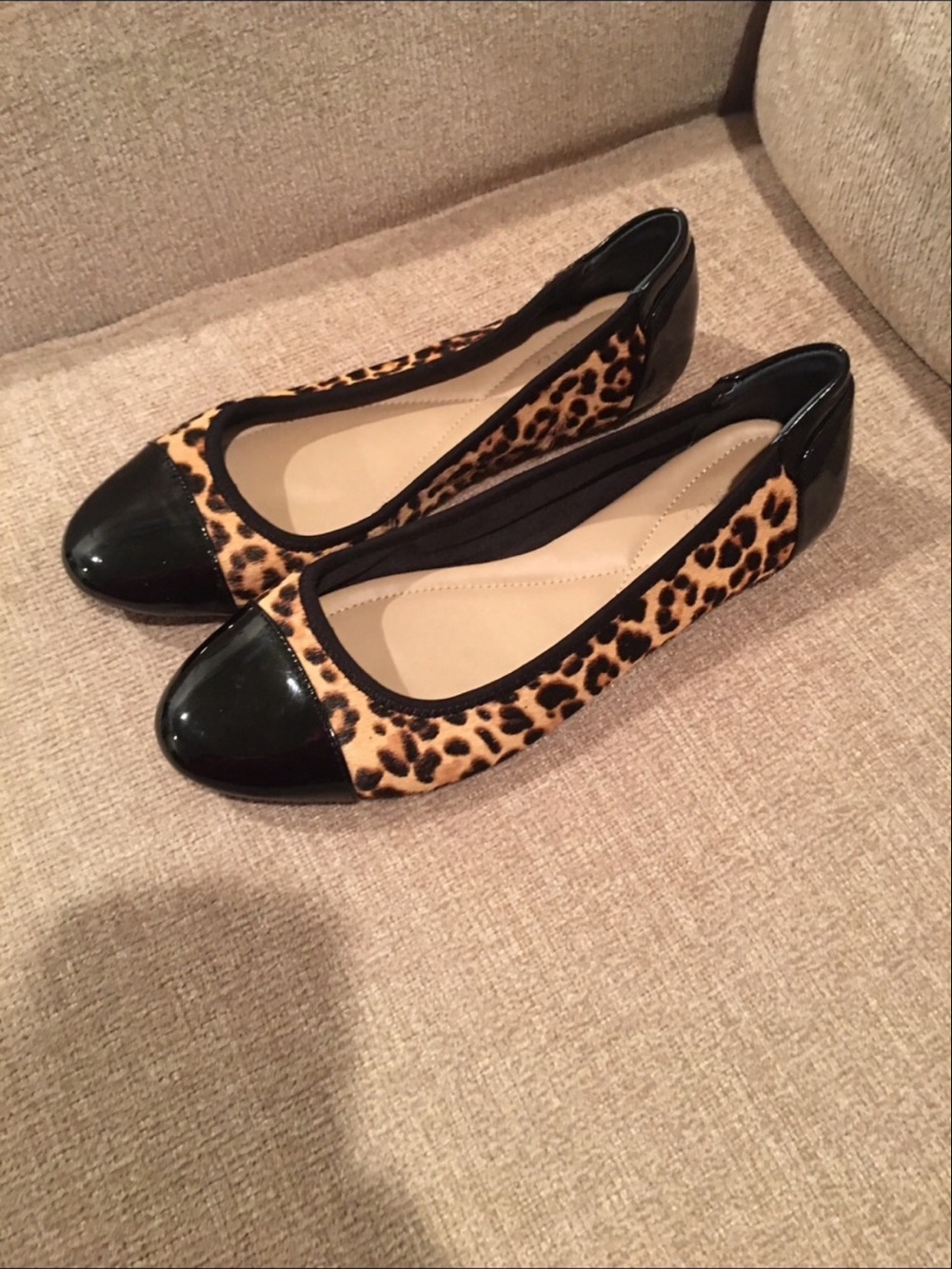 Leopard Print Ballet Flats with Black Patent Cap Toe